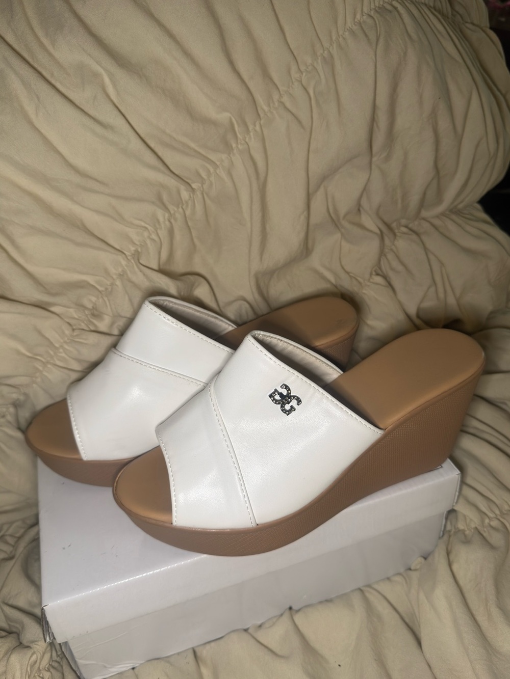 White Wedge Slide Sandals with Tan Platform
